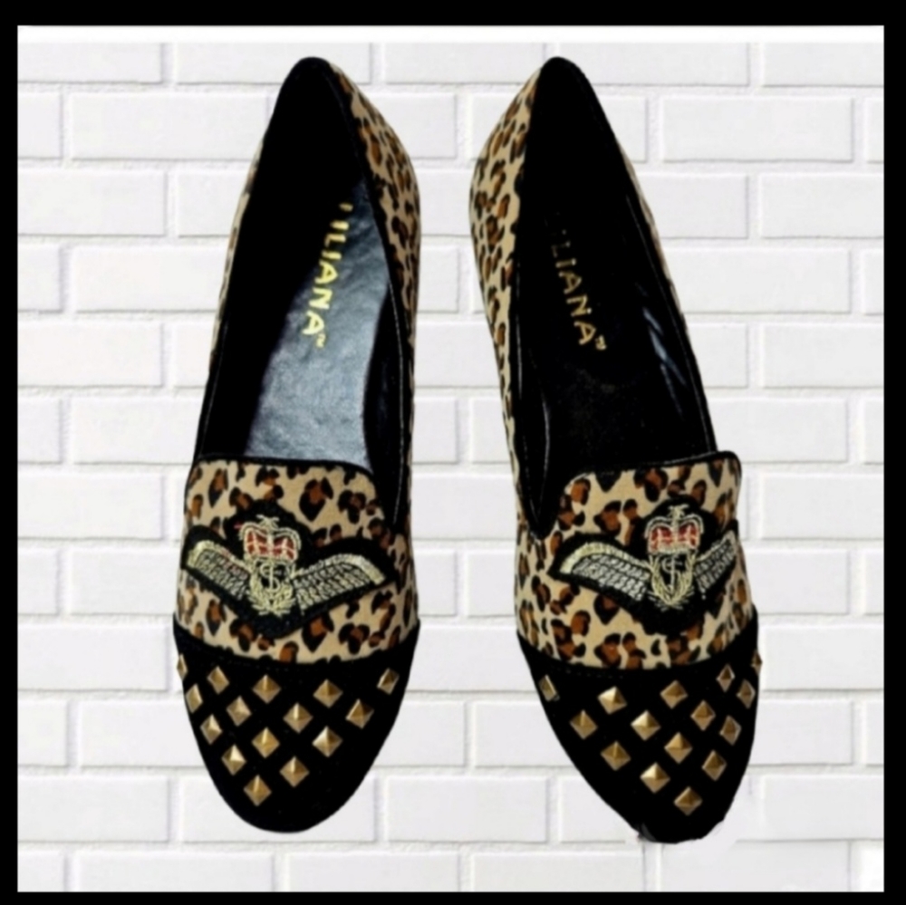 LILIANA Ballet Flats, Leopard Print, Toes Gold Studded, Sz 8 NEW!